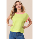 Trendsi lime and pink sleeveless shirt with ribbed texture worn with blue jeans