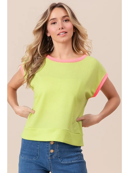 Trendsi lime and pink sleeveless shirt with ribbed texture worn with blue jeans