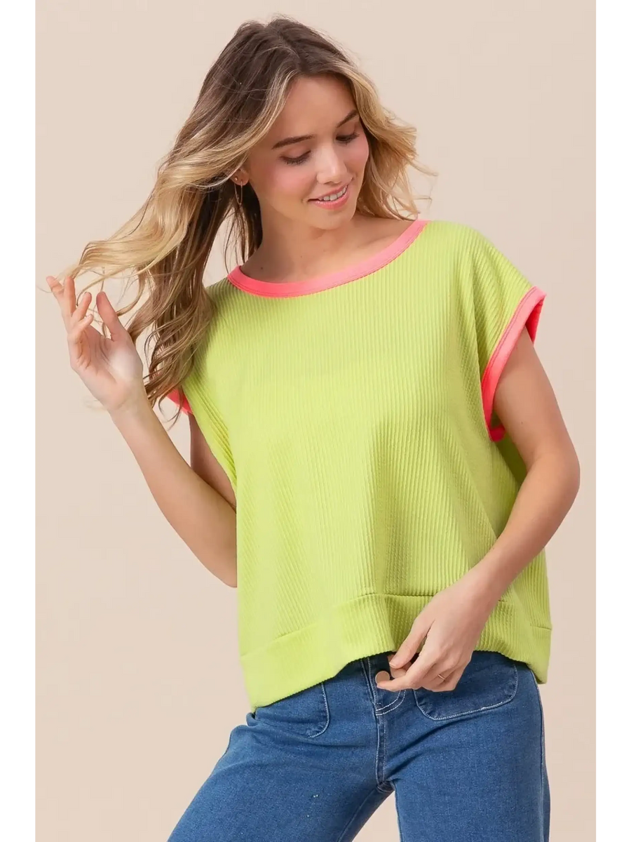 Trendsi lime and pink sleeveless shirt with ribbed fabric worn with blue jeans