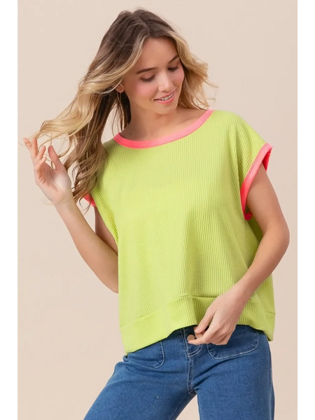 Trendsi lime and pink sleeveless shirt with ribbed fabric worn with blue jeans