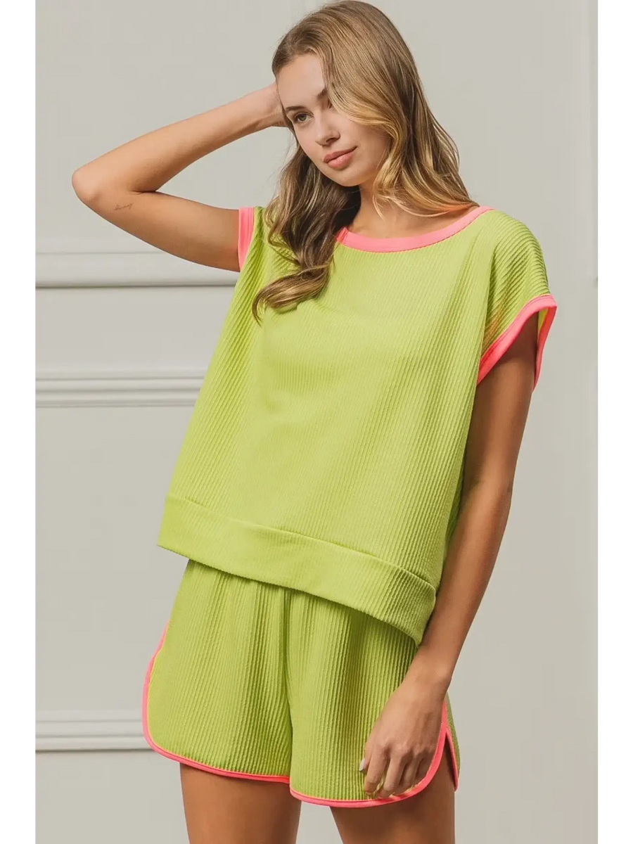 Trendsi lime and pink sleeveless shirt with matching shorts in lightweight ribbed fabric