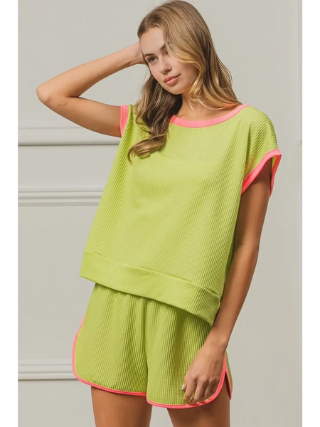 Trendsi lime and pink sleeveless shirt with matching shorts in lightweight ribbed fabric