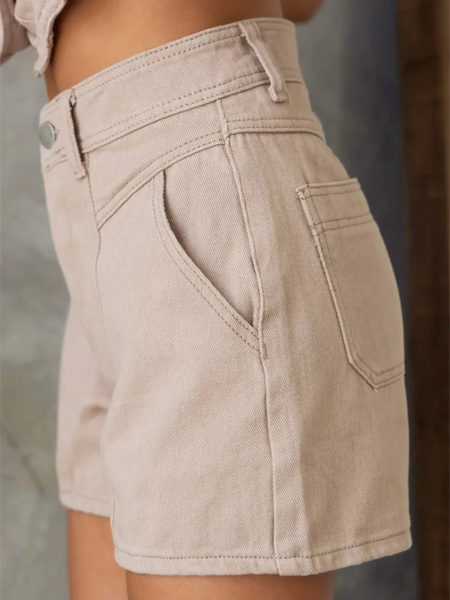 Trendsi beige linen short set with button top featuring high waist and side pockets