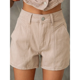 Trendsi beige linen short set with button top featuring high-waist shorts and front pockets