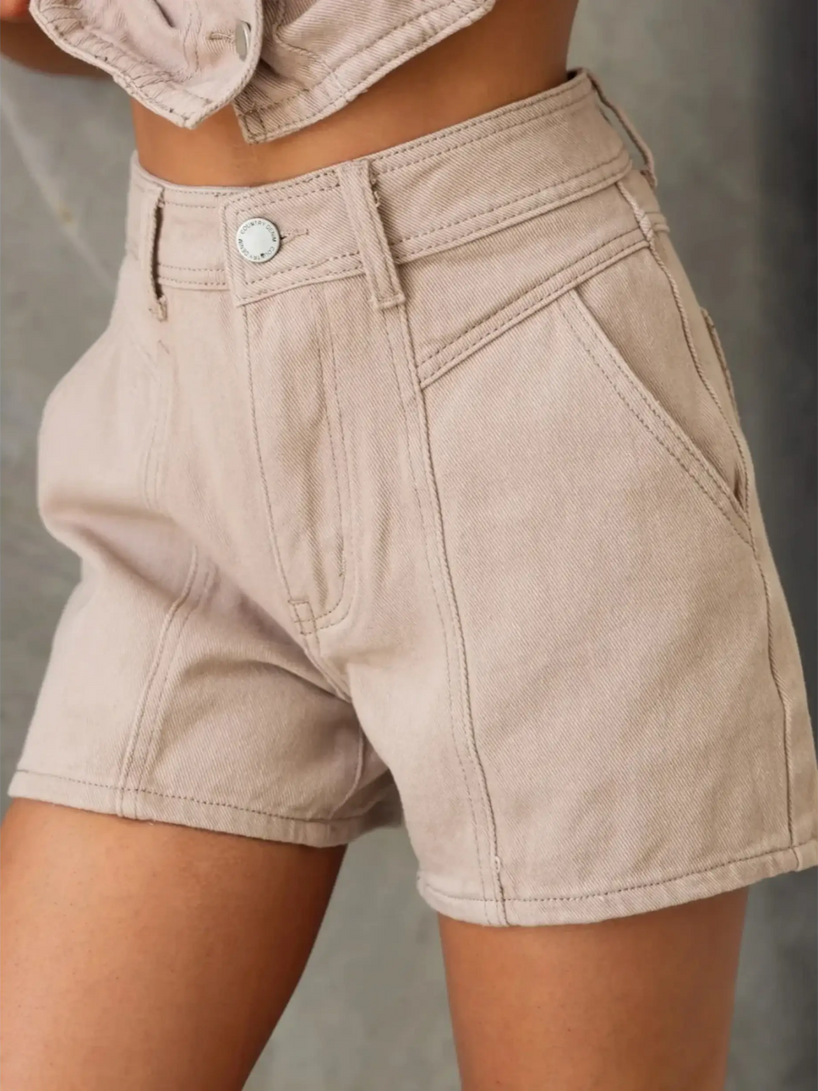 Trendsi linen short set with button top featuring high-waist beige linen shorts with front pockets
