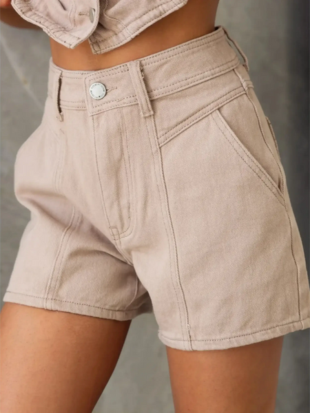 Trendsi linen short set with button top featuring high-waist beige linen shorts with front pockets