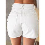 White linen short set with button top showing back view of high-waisted shorts with pockets
