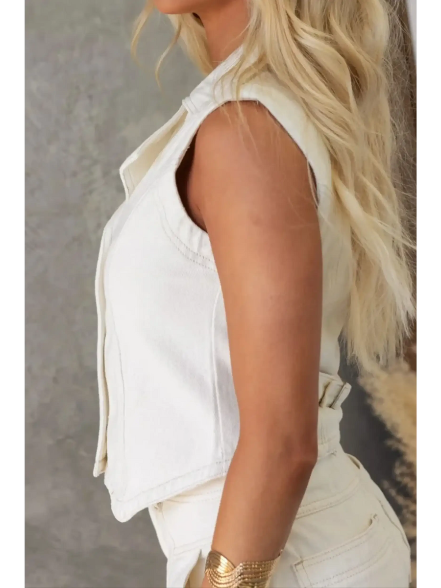Trendsi linen short set with button top in white sleeveless design styled with matching shorts