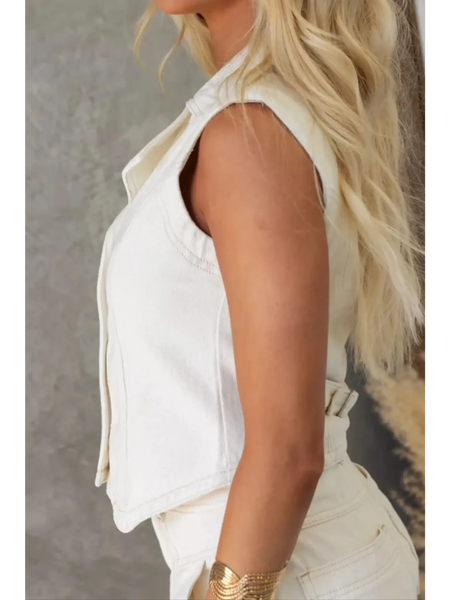 Trendsi linen short set with button top in white sleeveless design styled with matching shorts