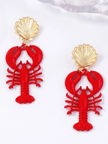 Trendsi Lobster Drop Earrings Resort featuring red lobster charms with gold shell studs