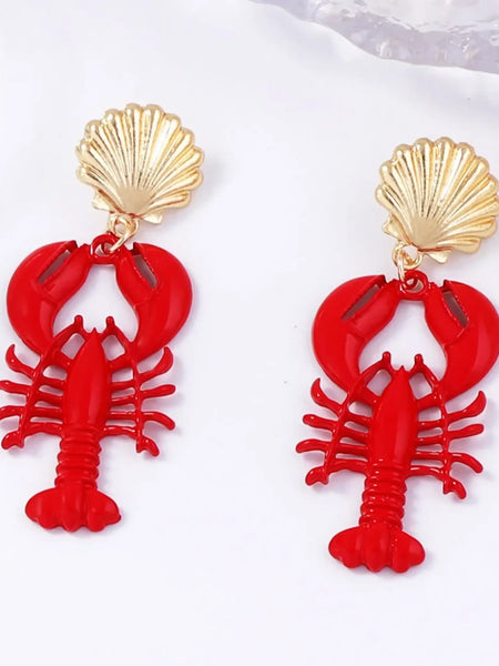Trendsi Lobster Drop Earrings Resort with red lobster charm and gold seashell stud