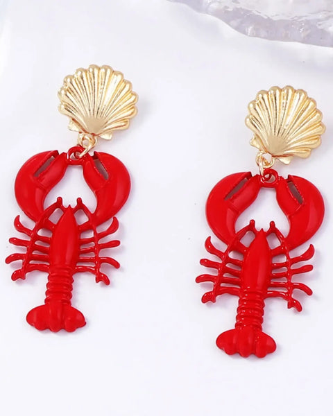 Trendsi Lobster Drop Earrings Resort with red lobster charm and gold seashell stud
