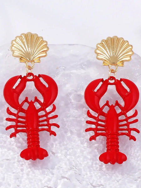 Trendsi Lobster Drop Earrings Resort with red lobster charms and gold shell studs for beach style