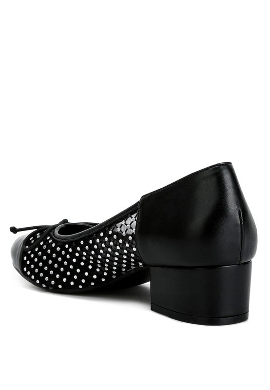 Rag Company mesh ballet flats for women in black with decorative studs and low block heel