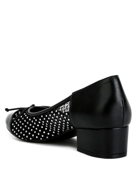 Rag Company mesh ballet flats for women in black with decorative studs and low block heel