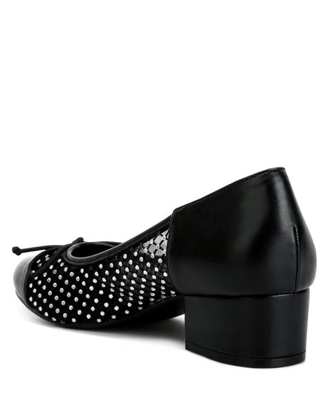 Rag Company mesh ballet flats for women in black with decorative studs and low block heel