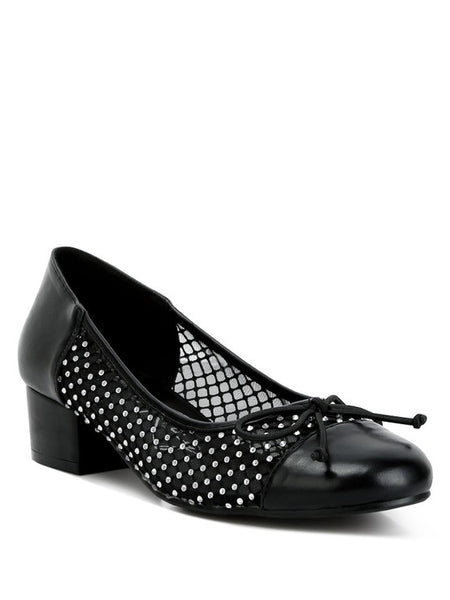 Rag Company black mesh ballet flats for women with small heel and bow detail