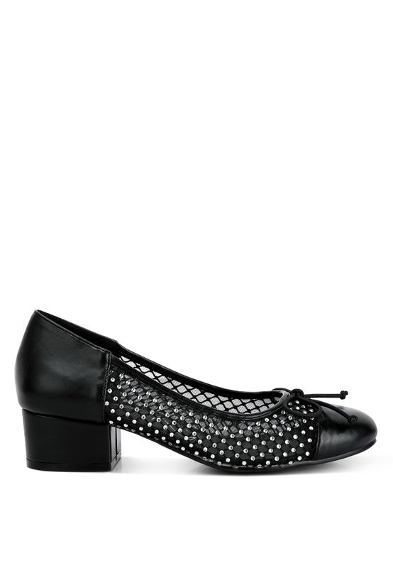Rag Company black mesh ballet flats for women with low block heel and studded design