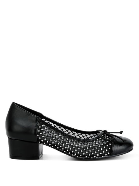 Rag Company black mesh ballet flats for women with low block heel and studded design