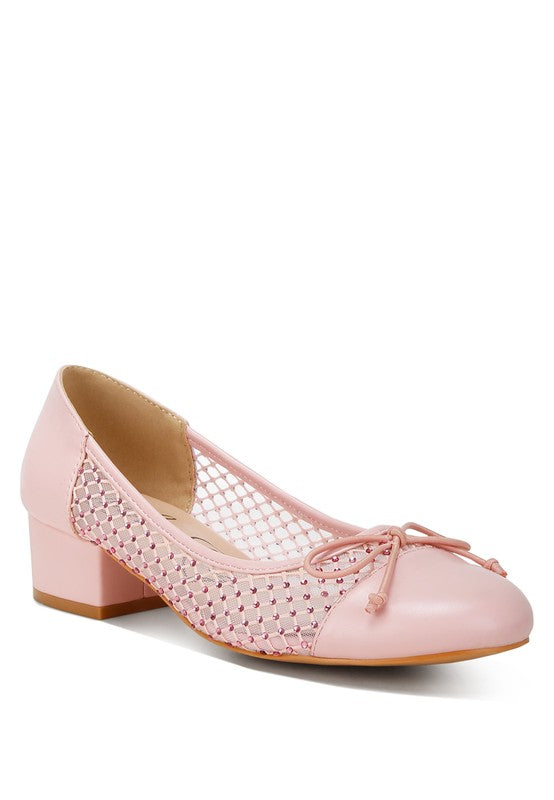 Rag Company pink mesh ballet flats for women with low block heel and bow detail side view