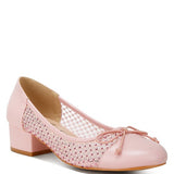 Rag Company pink mesh ballet flats for women with low block heel and bow detail side view