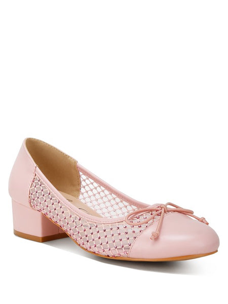 Rag Company pink mesh ballet flats for women with low block heel and bow detail side view