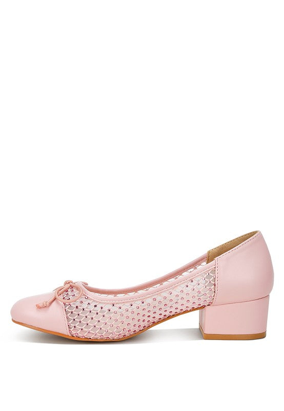 Rag Company pink mesh ballet flats for women with low block heel and bow detail