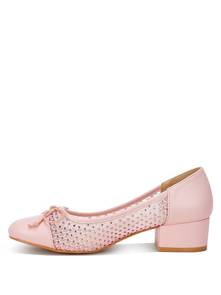 Rag Company pink mesh ballet flats for women with low block heel and bow detail
