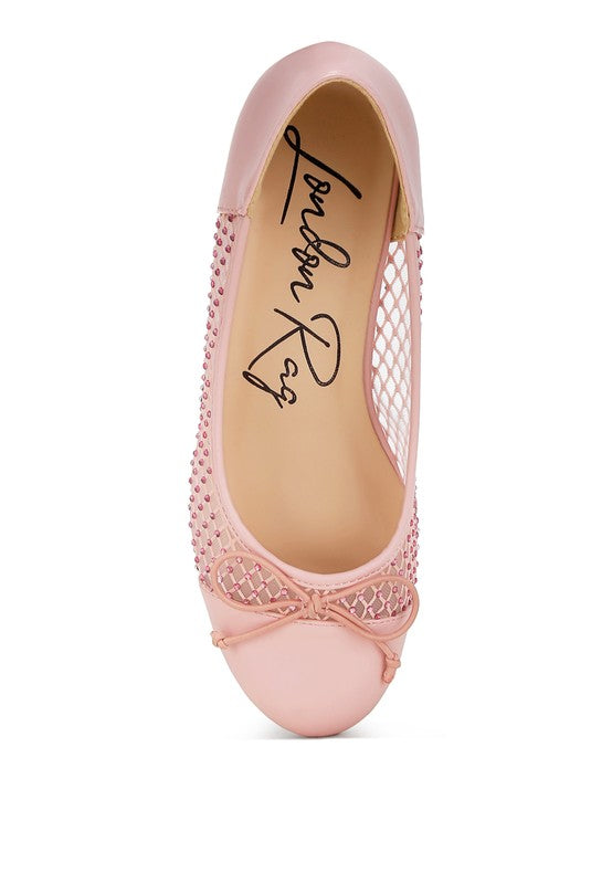 Rag Company pink mesh ballet flats for women with bow detail and stud embellishments