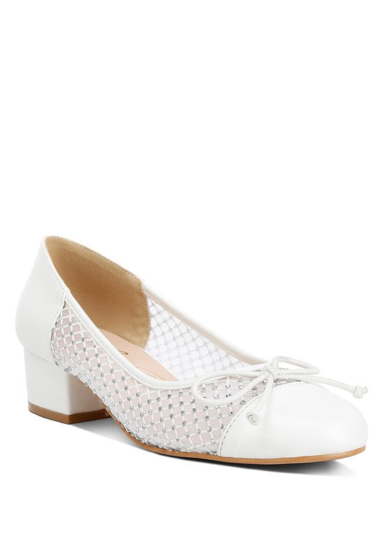 Rag Company white mesh ballet flats for women with low block heel and bow detail