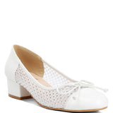 Rag Company white mesh ballet flats for women with low block heel and bow detail