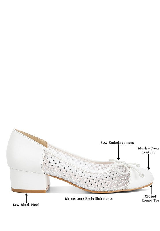 Rag Company mesh ballet flats for women with low block heel, rhinestone embellishments, and bow detail