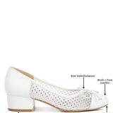 Rag Company mesh ballet flats for women with low block heel, rhinestone embellishments, and bow detail