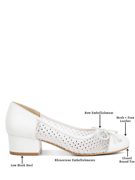 Rag Company mesh ballet flats for women with low block heel, rhinestone embellishments, and bow detail