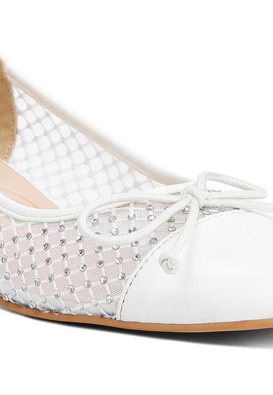 Rag Company white mesh ballet flats for women with bow detail and stud accents