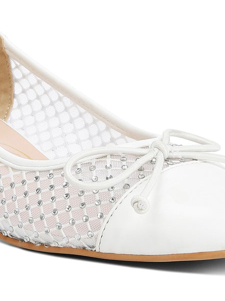 Rag Company white mesh ballet flats for women with bow detail and stud accents