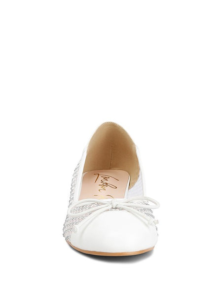 White mesh ballet flats for women by Rag Company with bow detail on toe