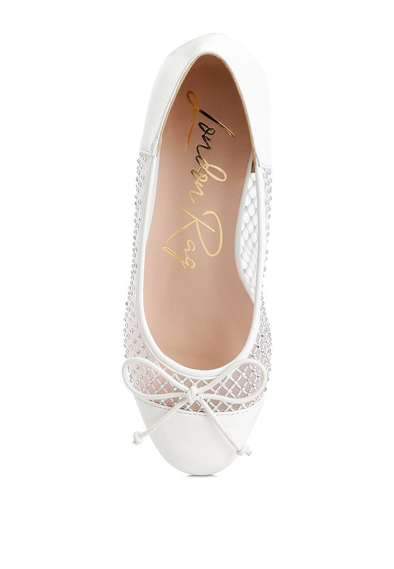 Rag Company white mesh ballet flats for women with bow detail and comfortable design