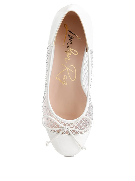 Rag Company white mesh ballet flats for women with bow detail and comfortable design