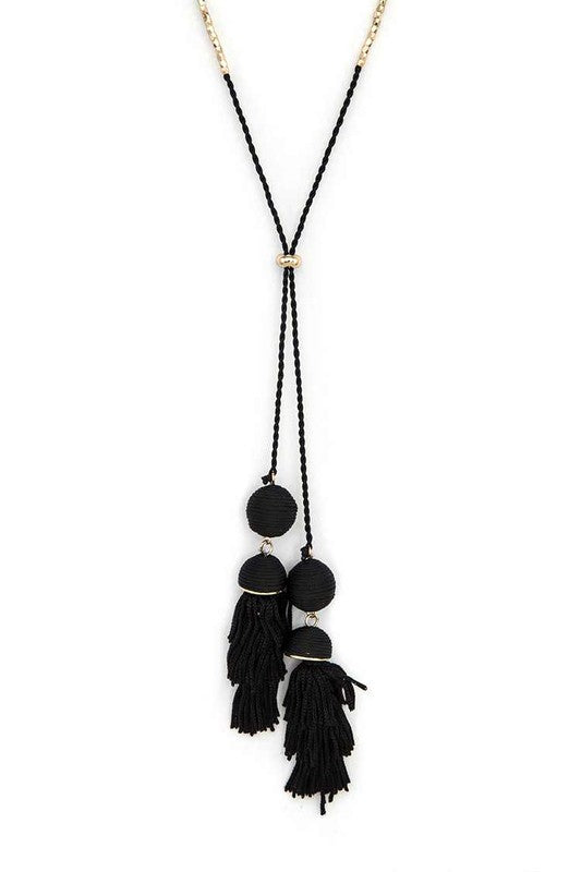 Babe Beachwear Long Tassel Necklace Boho Chic with black tassels and gold chain details
