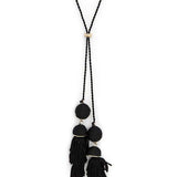 Babe Beachwear Long Tassel Necklace Boho Chic with black tassels and gold chain details