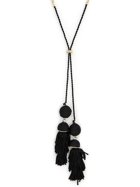 Babe Beachwear Long Tassel Necklace Boho Chic with black tassels and gold chain details
