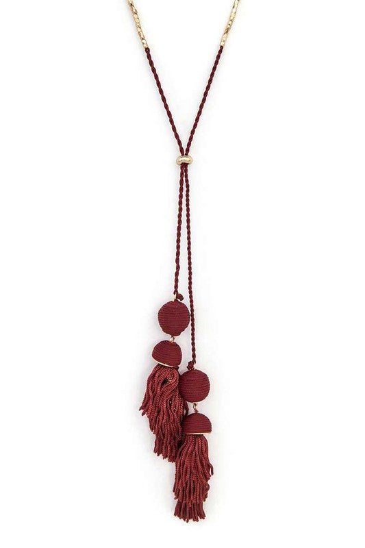 Babe Beachwear Long Tassel Necklace Boho Chic in deep red with braided cords and hanging tassels