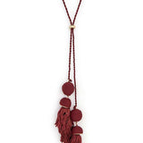 Babe Beachwear Long Tassel Necklace Boho Chic in deep red with braided cords and hanging tassels