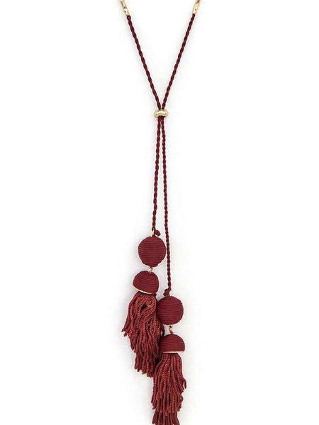 Babe Beachwear Long Tassel Necklace Boho Chic in deep red with braided cords and hanging tassels