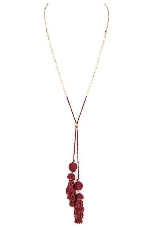 Babe Beachwaer Long Tassel Necklace Boho Chic with red tassels and gold chain jewelry