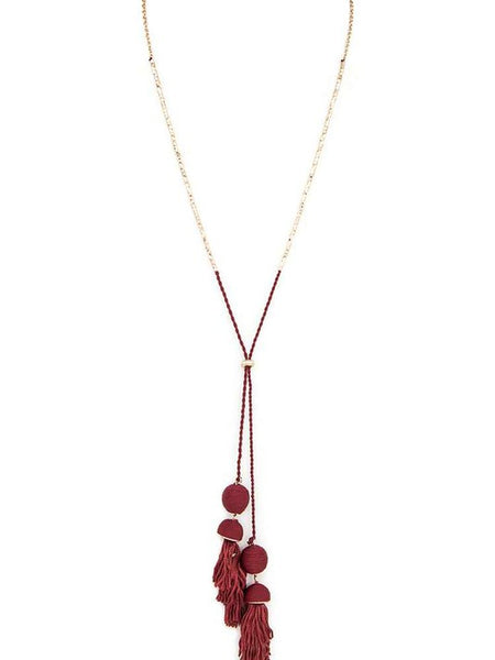 Babe Beachwaer Long Tassel Necklace Boho Chic with red tassels and gold chain jewelry