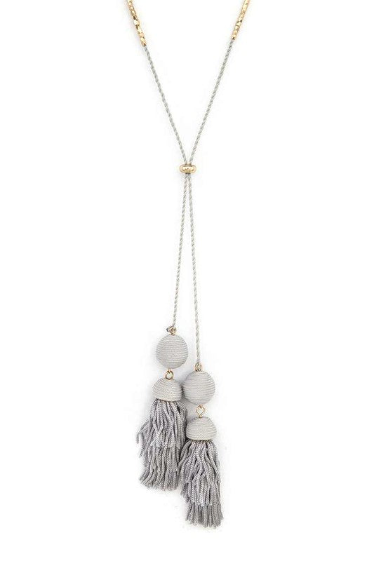 Babe Beachwear Long Tassel Necklace Boho Chic with grey tassels and round bead details