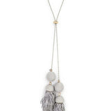 Babe Beachwear Long Tassel Necklace Boho Chic with grey tassels and round bead details