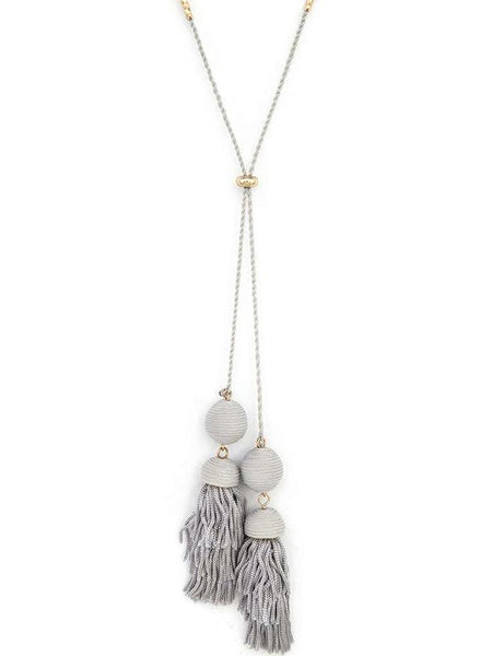 Babe Beachwear Long Tassel Necklace Boho Chic with grey tassels and round bead details